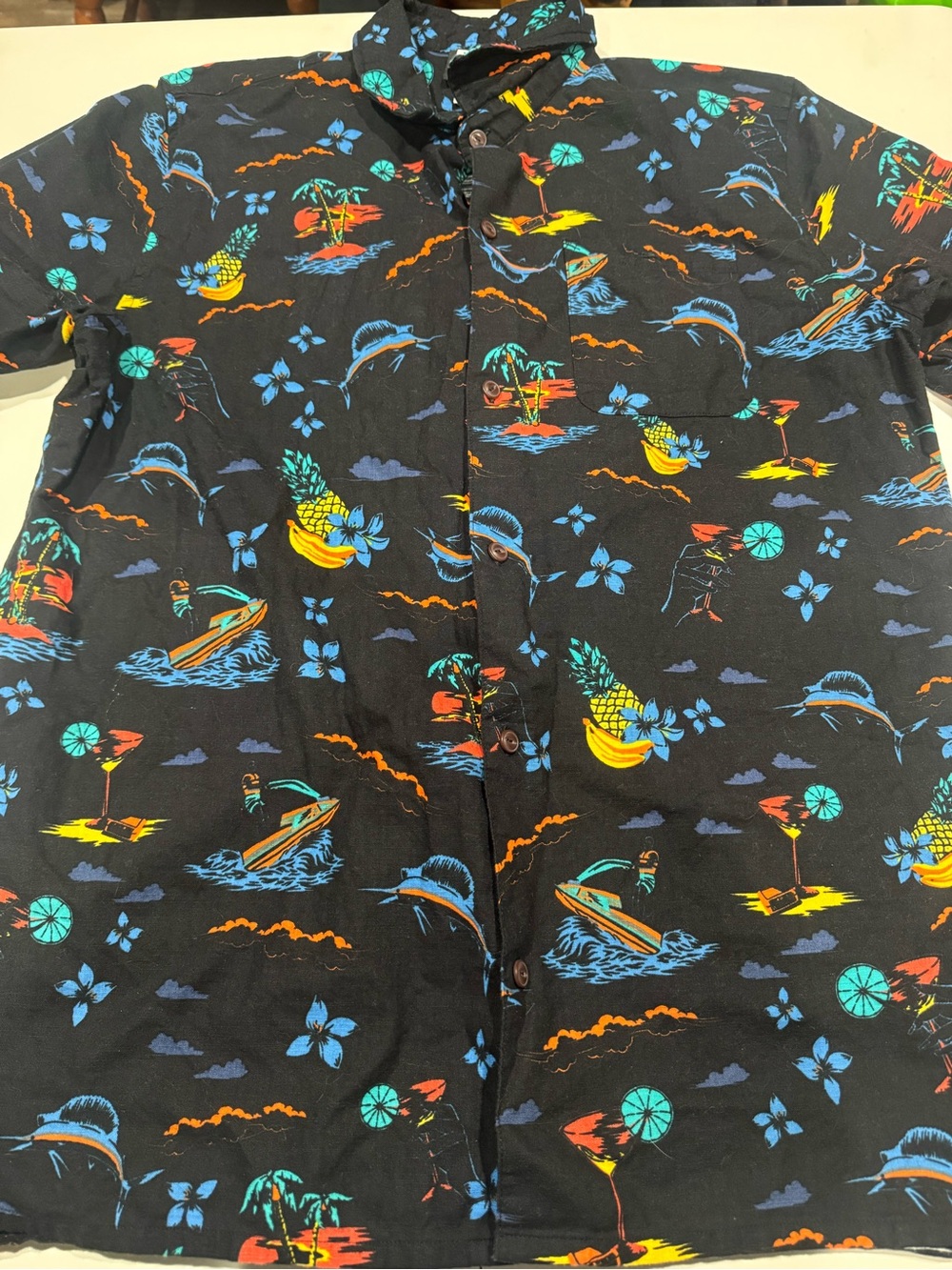 adidas Black Button-Up Shirt with Blue, Teal & Orange Tropical Print XL